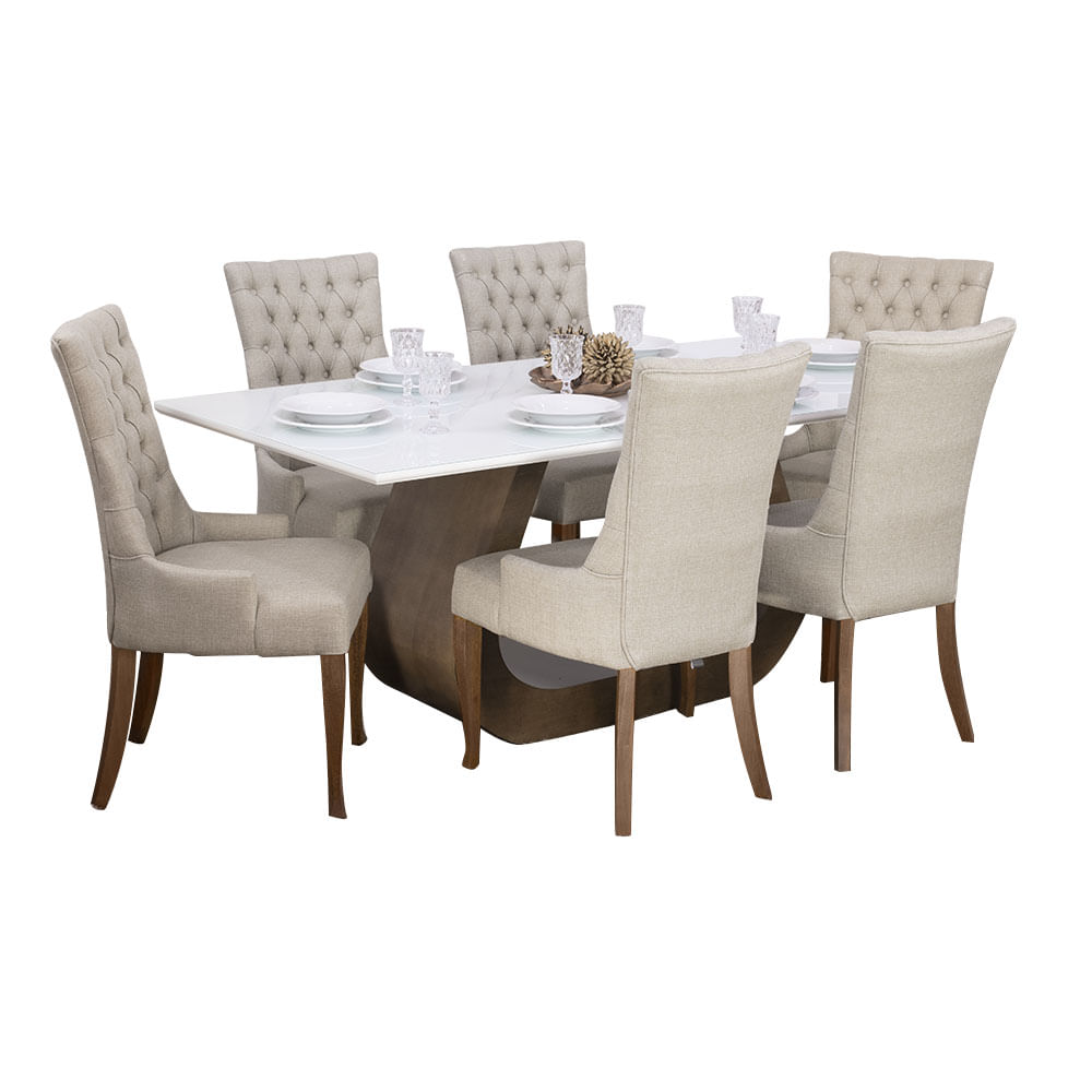 Conjunto Sala de jantar Mesa Bonnie com 6 Cadeiras Medalhão Palha - Wood  Prime 38716