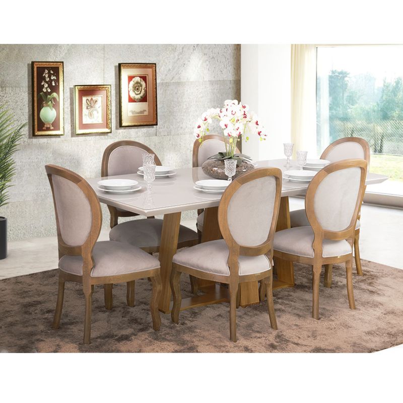 Conjunto Sala de jantar Mesa Bonnie com 6 Cadeiras Medalhão Palha - Wood  Prime 38716