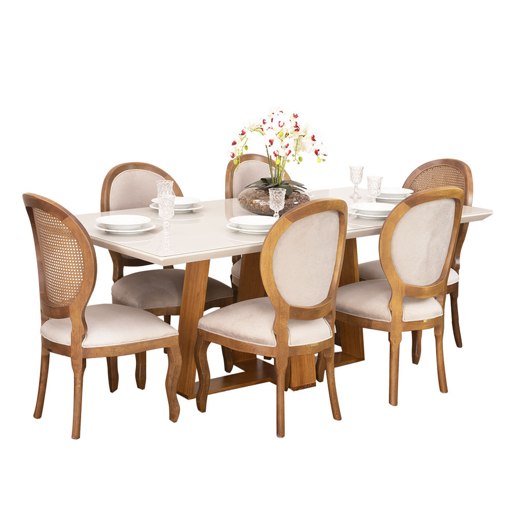 Conjunto Sala de Jantar Mesa Coyle com 6 Cadeiras Medalhão - Wood Prime  44669