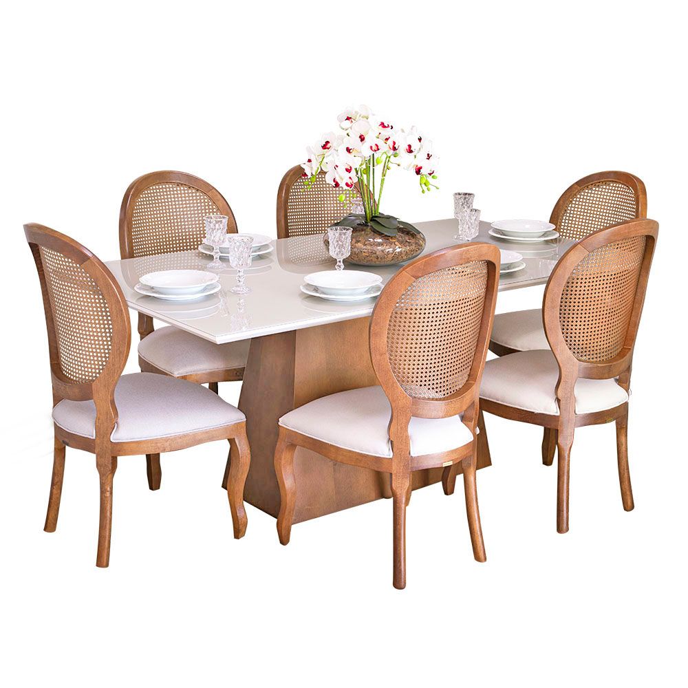 Conjunto Sala de jantar Mesa Bonnie com 6 Cadeiras Medalhão Palha - Wood  Prime 38716